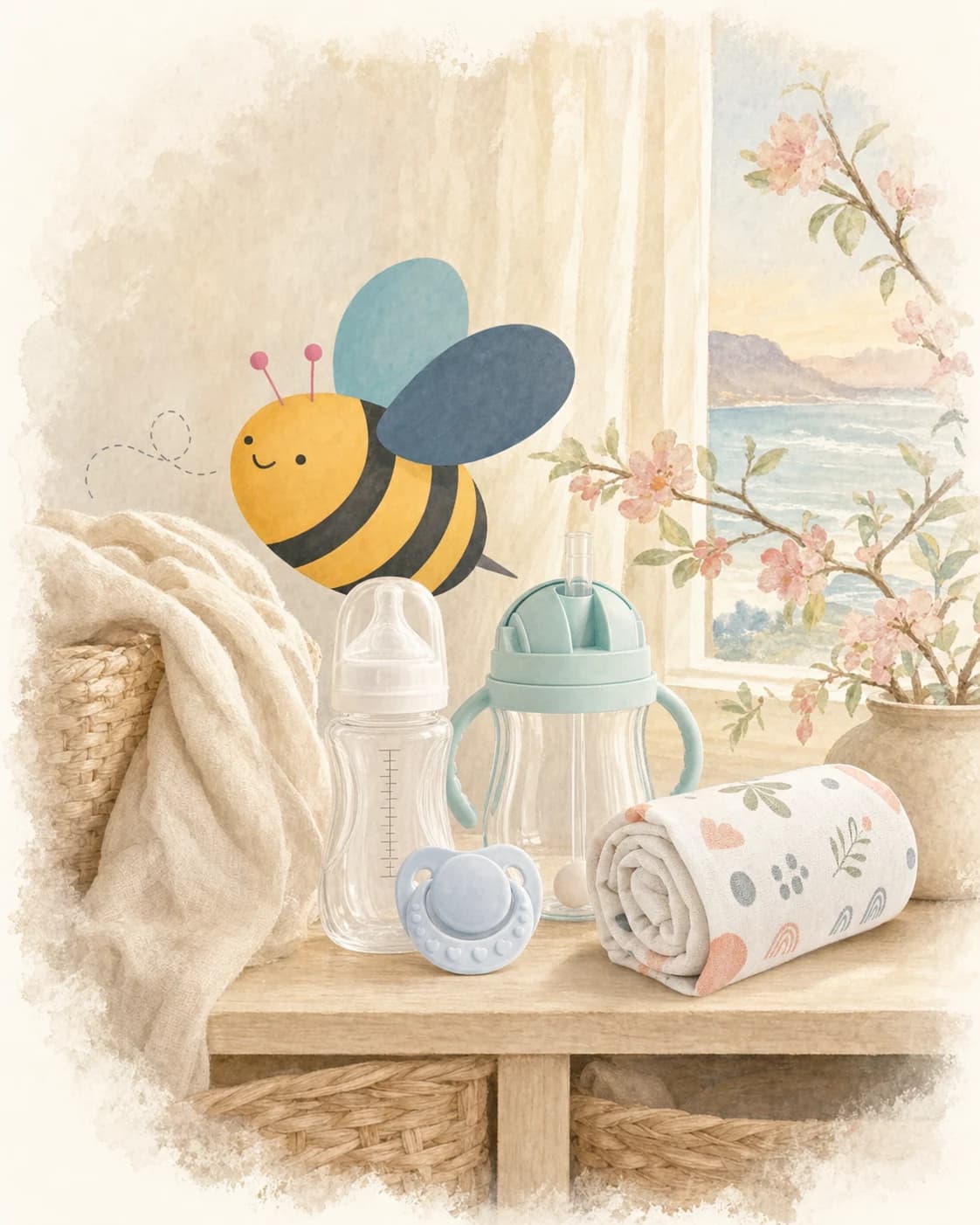 Pastel-painted nursery with the Baby Bee Blossom mascot and parent-tested essentials