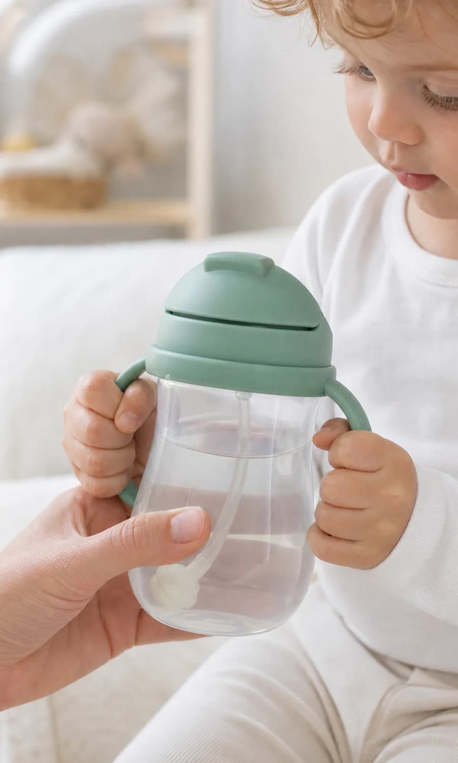 Close-up parent testing photo of a toddler holding a handled sippy cup