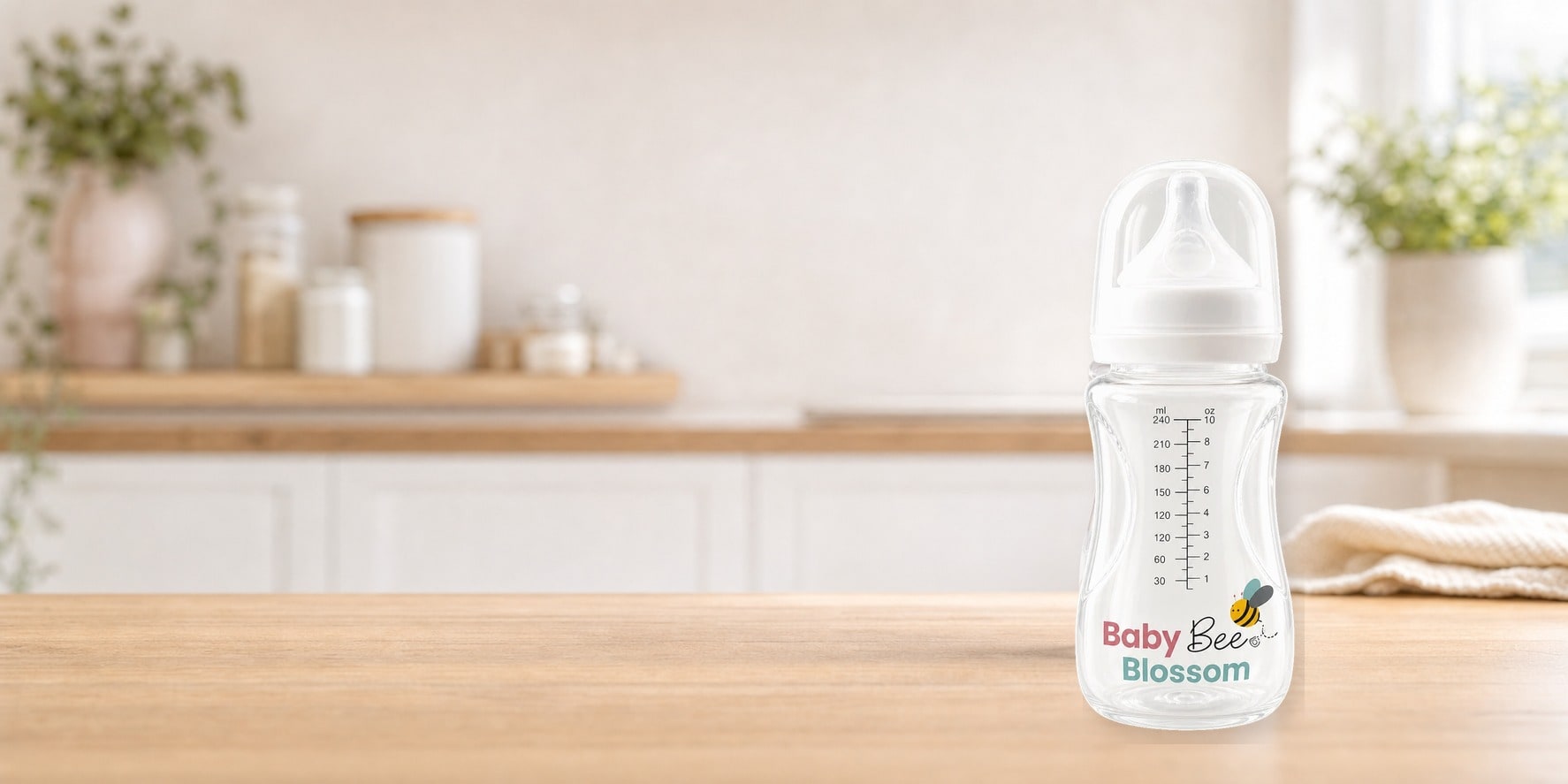 Baby Bee Blossom milk feeding bottle in a calm nursery scene